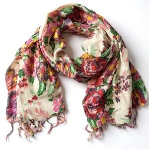 Lunn Linen Floral Scarf Wrap Shawl Cream Red Pink Fringe Made in India Feminine